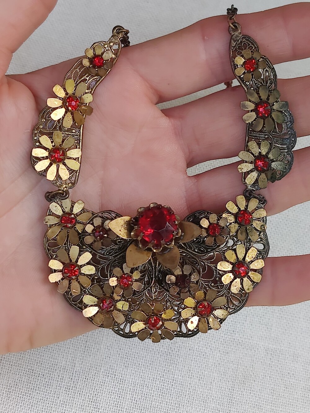 Antique Victorian Red Czech Glass Floral Necklace - Picture 8 of 9